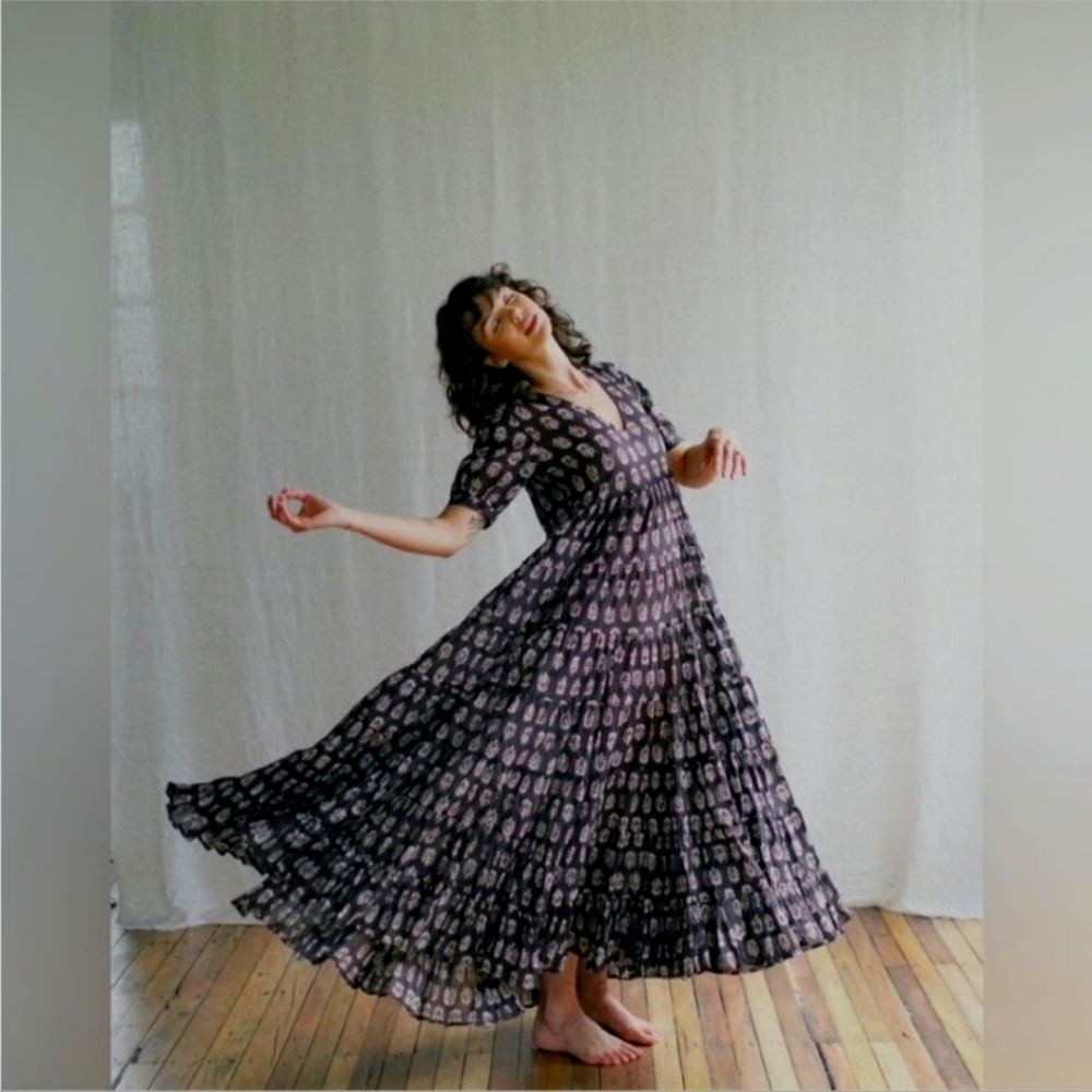 Daughters of India Chaaya Maxi Dress in Eggplant Cotton tiered vneck MEDIUM
